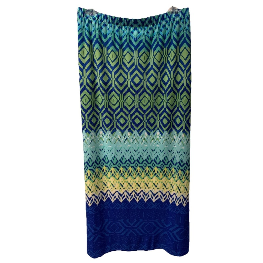 CHICOS Size 3 L-XL Blue Green Yellow Diamond Elastic Waist  Boho Maxi Skirt Slit